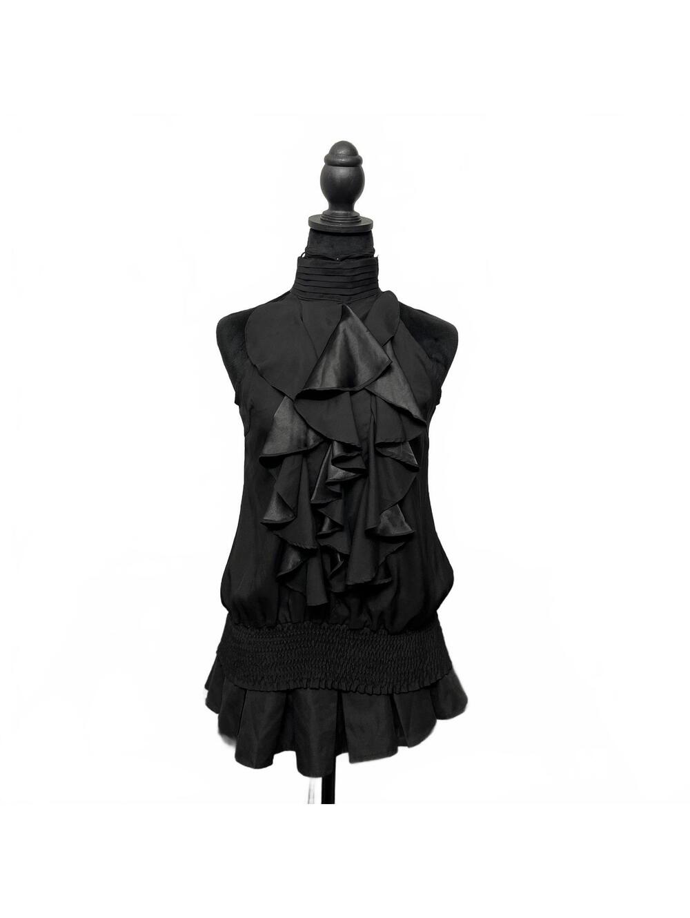 Vintage 100% Silk Black High Neck Top With Dramatic Ruffles Sz S Goth Evening - Picture 1 of 10